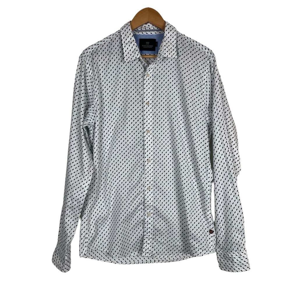 Scotch & Soda Mens Button Up Shirt Large Blue White Dashed Preppy Funky